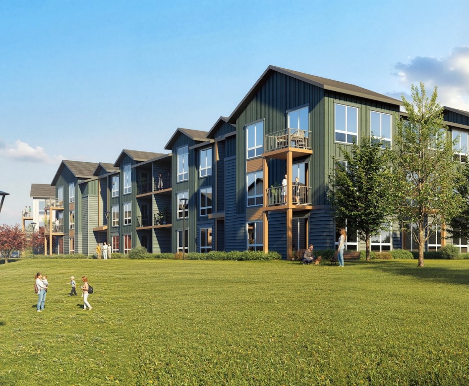 a rendering of a building with grass and people on it